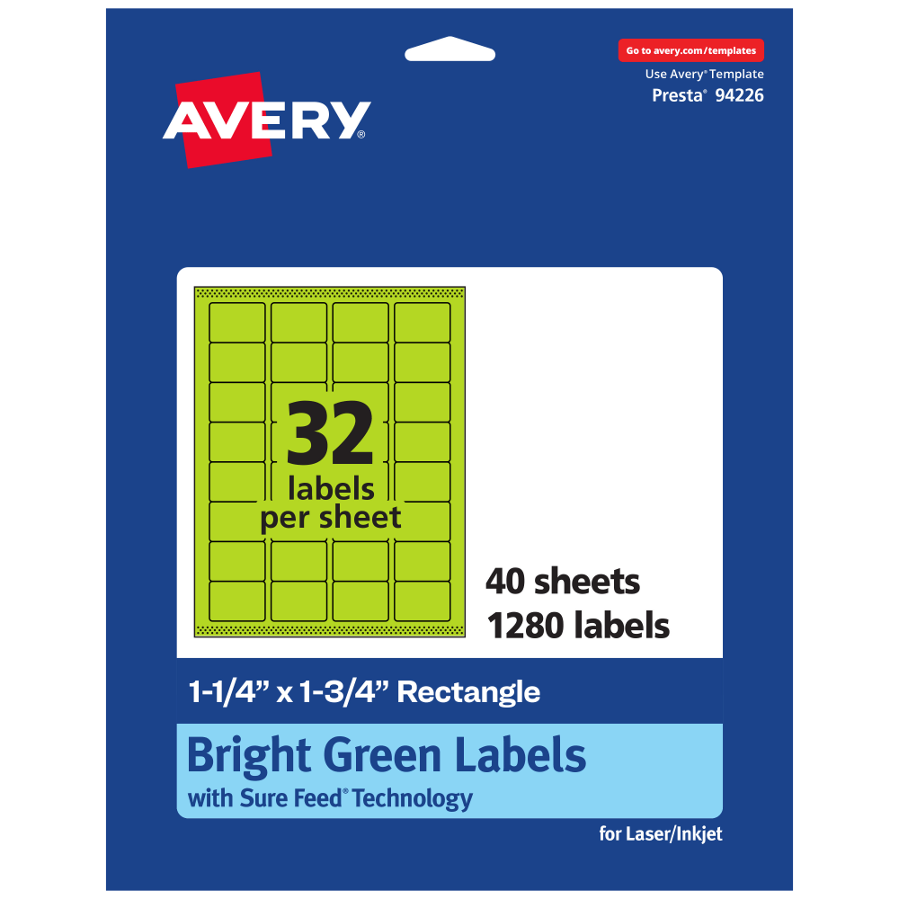 Avery Printable Labels With Sure Feed Technology, 94226-BGP40, Rectangle, 1-1/4in x 1-3/4in, Matte Bright Green, Pack of 1280 MPN:94226-BGP40