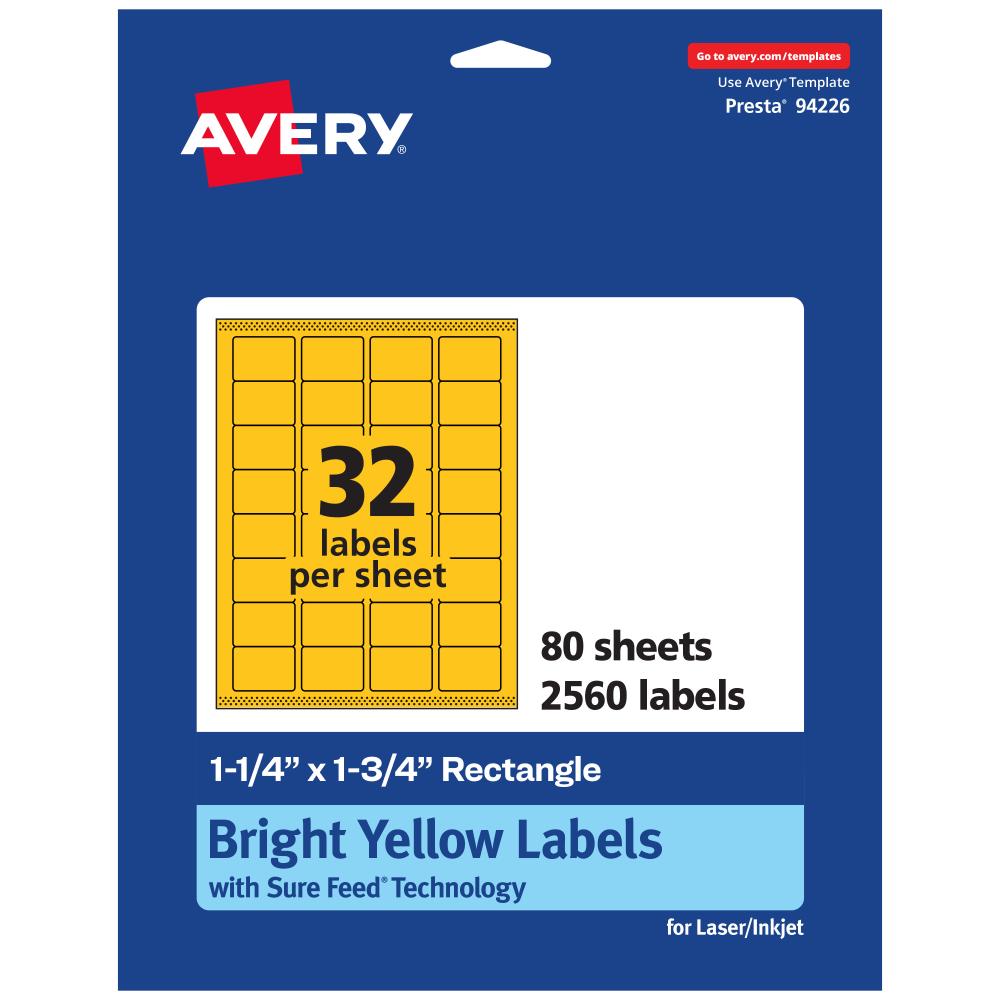 Avery Printable Labels With Sure Feed Technology, 94226-BYP80, Rectangle, 1-1/4in x 1-3/4in, Matte Bright Yellow, Pack of 2560 MPN:94226-BYP80