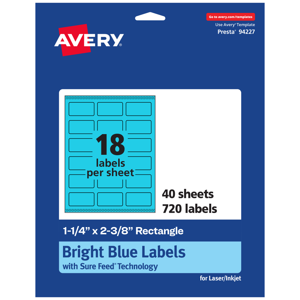 Avery Print-To-The-Edge Labels With Sure Feed Technology And Easy Peel, 94227-BBP40, Rectangle, 1-1/4in x 2-3/8in, Matte Bright Blue, Pack of 720 MPN:94227-BBP40