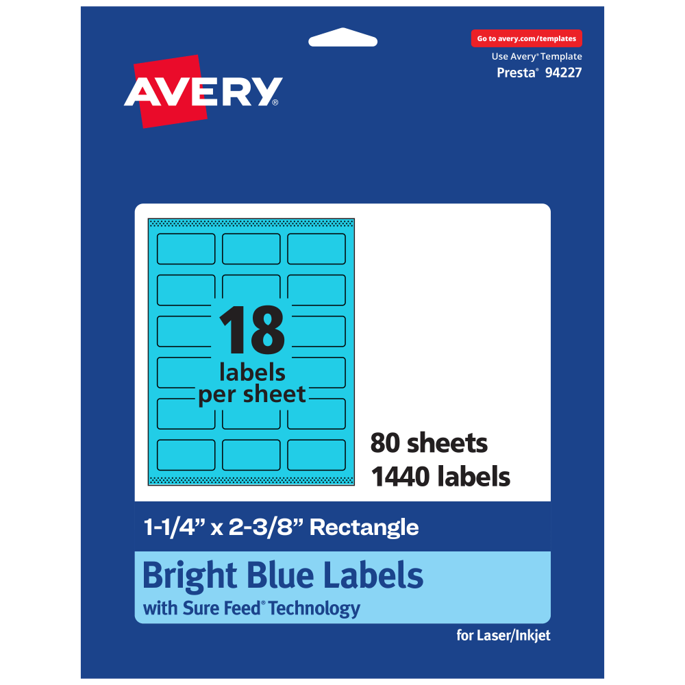 Avery Print-To-The-Edge Labels With Sure Feed Technology And Easy Peel, 94227-BBP80, Rectangle, 1-1/4in x 2-3/8in, Matte Bright Blue, Pack of 1440 MPN:94227-BBP80