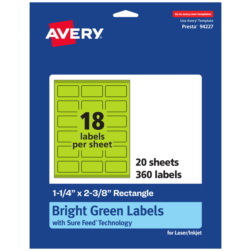 Avery Print-To-The-Edge Labels With Sure Feed Technology And Easy Peel, 94227-BGP20, Rectangle, 1-1/4in x 2-3/8in, Matte Bright Green, Pack of 360 MPN:94227-BGP20