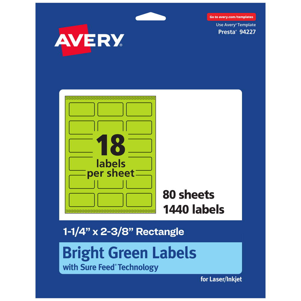 Avery Print-To-The-Edge Labels With Sure Feed Technology And Easy Peel, 94227-BGP80, Rectangle, 1-1/4in x 2-3/8in, Matte Bright Green, Pack of 1440 MPN:94227-BGP80