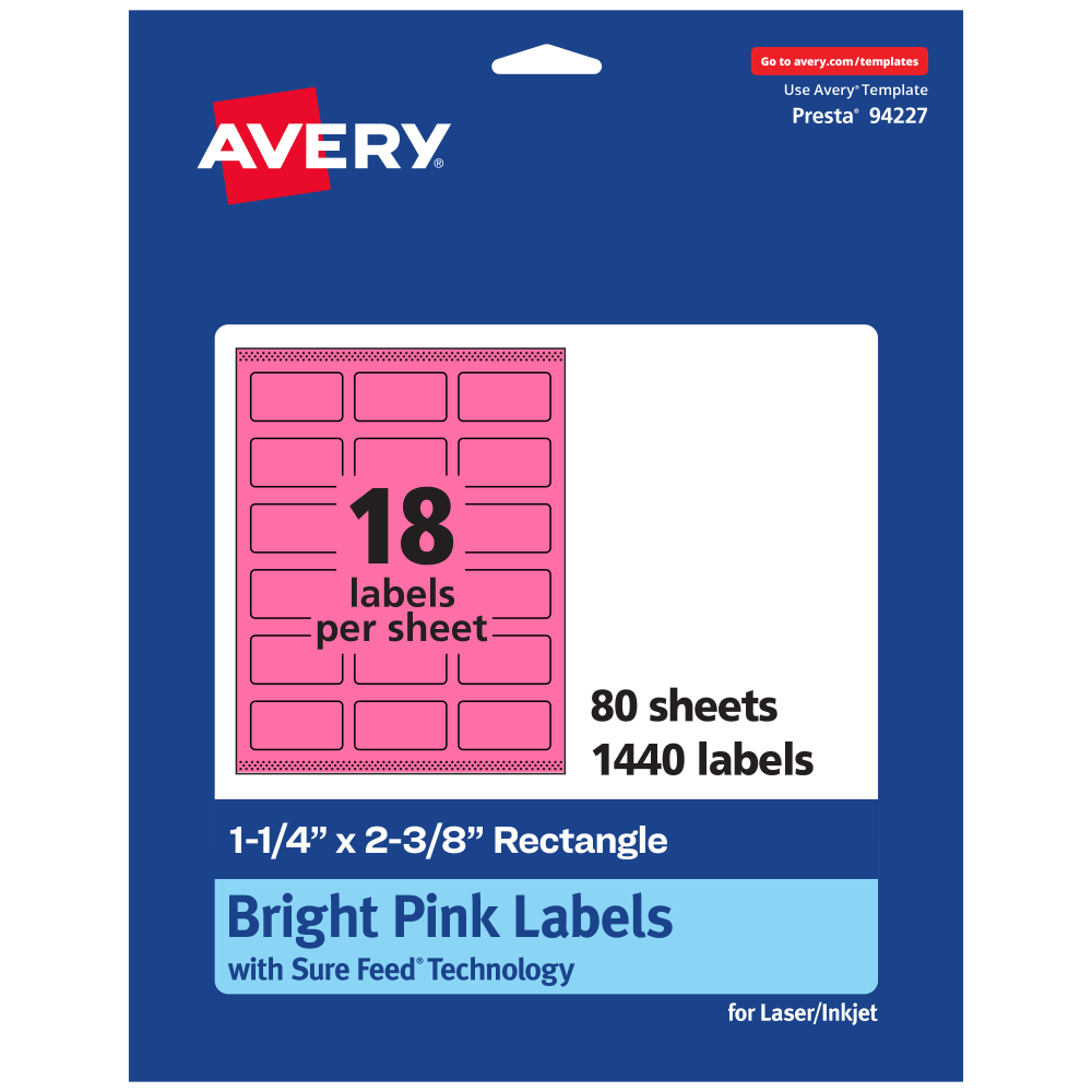 Avery Print-To-The-Edge Labels With Sure Feed Technology And Easy Peel, 94227-BPP80, Rectangle, 1-1/4in x 2-3/8in, Matte Bright Pink, Pack of 1440 MPN:94227-BPP80