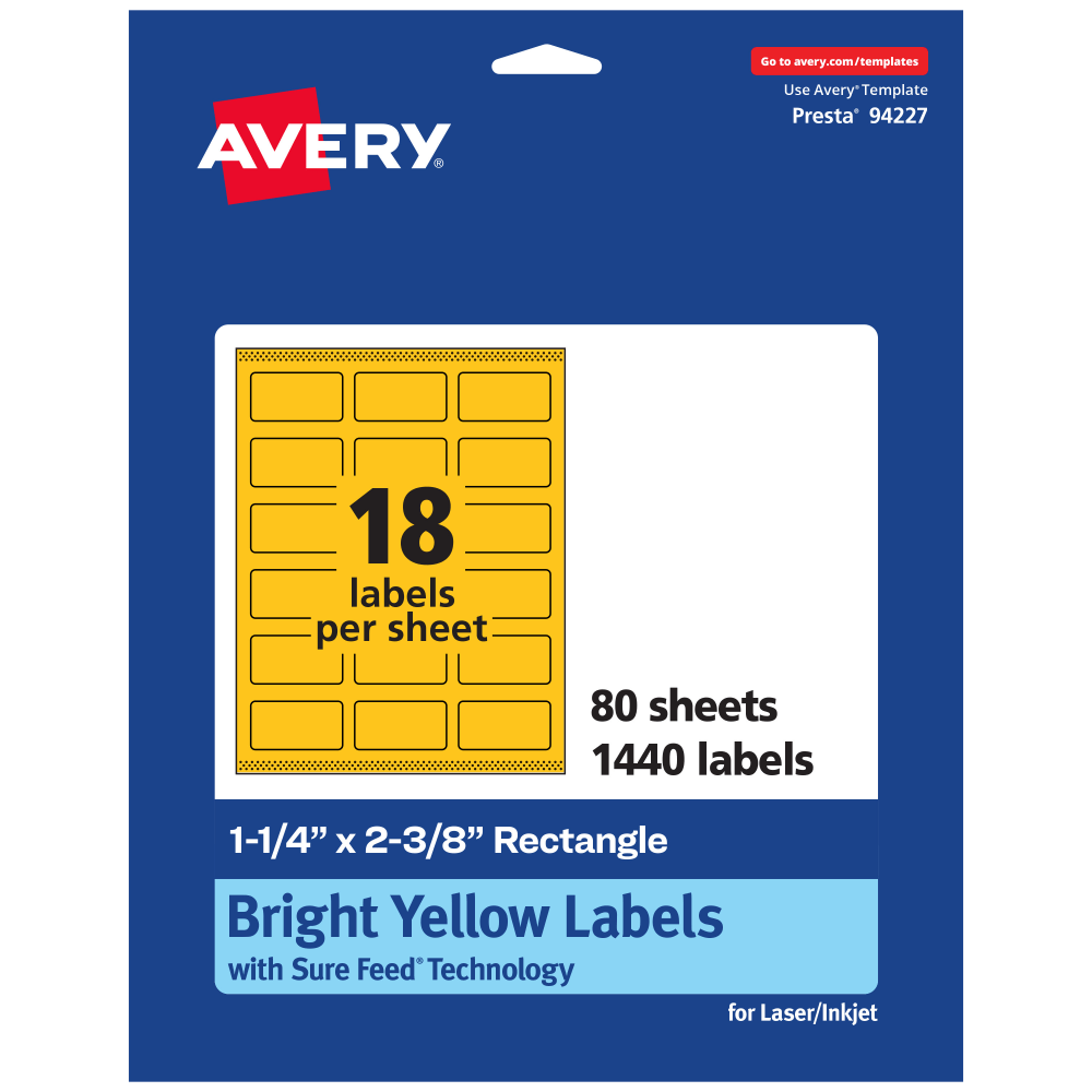 Avery Print-To-The-Edge Labels With Sure Feed Technology And Easy Peel, 94227-BYP80, Rectangle, 1-1/4in x 2-3/8in, Matte Bright Yellow, Pack of 1440 MPN:94227-BYP80