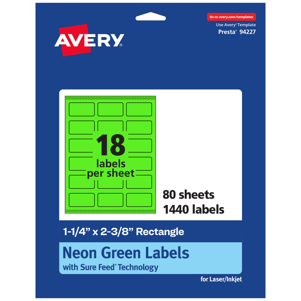 Avery Print-To-The-Edge Labels With Sure Feed Technology And Easy Peel, 94227-NGP80, Rectangle, 1-1/4in x 2-3/8in, Matte Neon Green, Pack of 1440 MPN:94227-NGP80