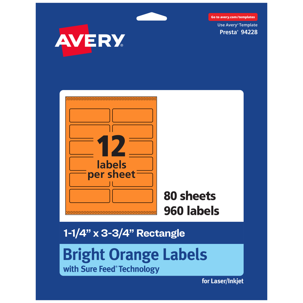 Avery Print-To-The-Edge Labels With Sure Feed Technology And Easy Peel, 94228-BOP80, Rectangle, 1-1/4in x 3-3/4in, Matte Bright Orange, Pack of 960 MPN:94228-BOP80