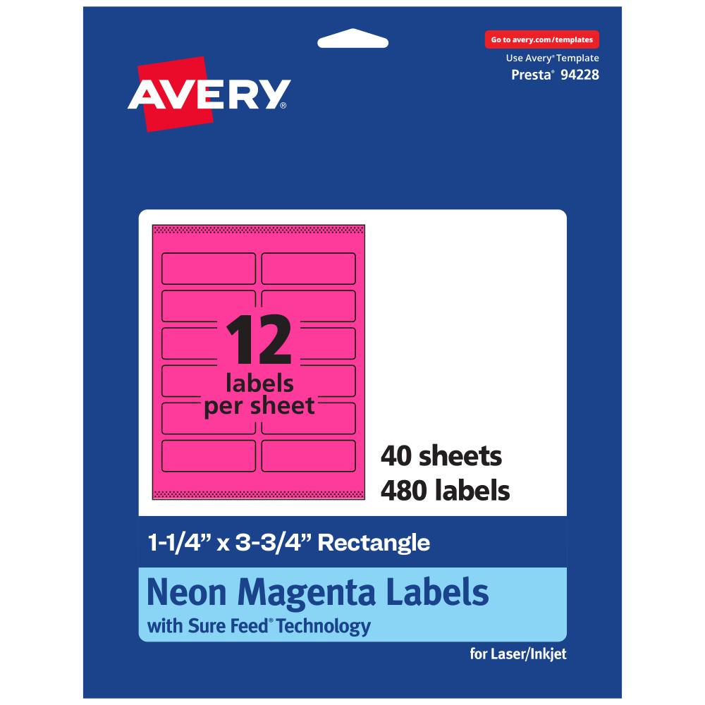 Avery Print-To-The-Edge Labels With Sure Feed Technology And Easy Peel, 94228-NMP40, Rectangle, 1-1/4in x 3-3/4in, Matte Neon Magenta, Pack of 480 MPN:94228-NMP40