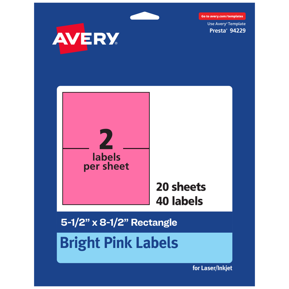 Avery Printable Labels, 94229-BPP20, Rectangle, 5-1/2in x 8-1/2in, Matte Bright Pink, Pack of 40 MPN:94229-BPP20