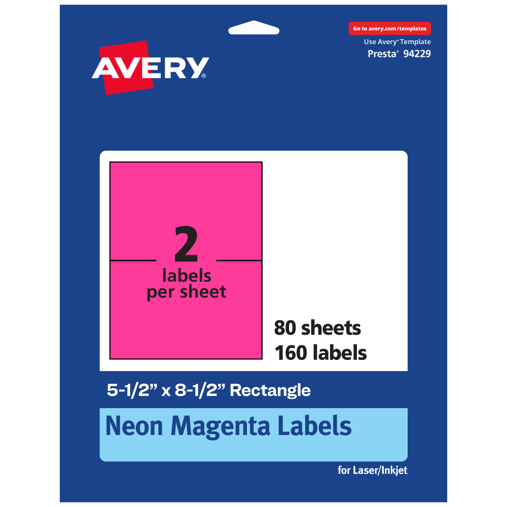 Avery Printable Labels, 94229-NMP80, Rectangle, 5-1/2in x 8-1/2in, Matte Neon Magenta, Pack of 160 MPN:94229-NMP80