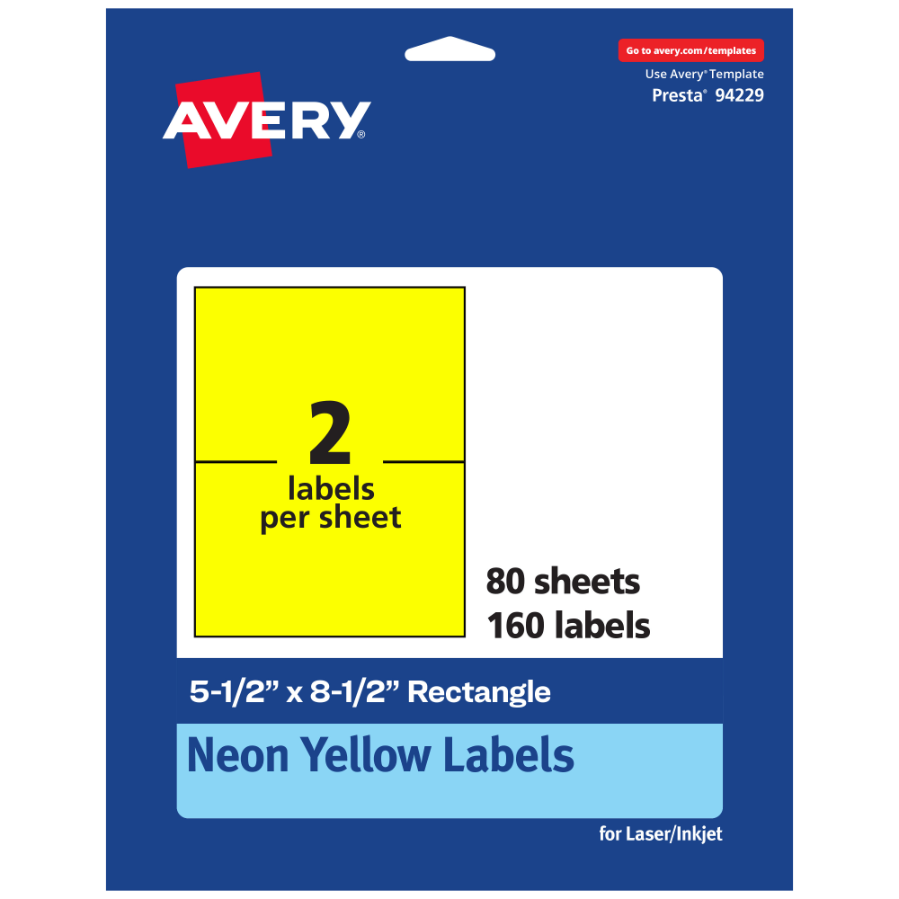 Avery Printable Labels, 94229-NYP80, Rectangle, 5-1/2in x 8-1/2in, Matte Neon Yellow, Pack of 160 MPN:94229-NYP80