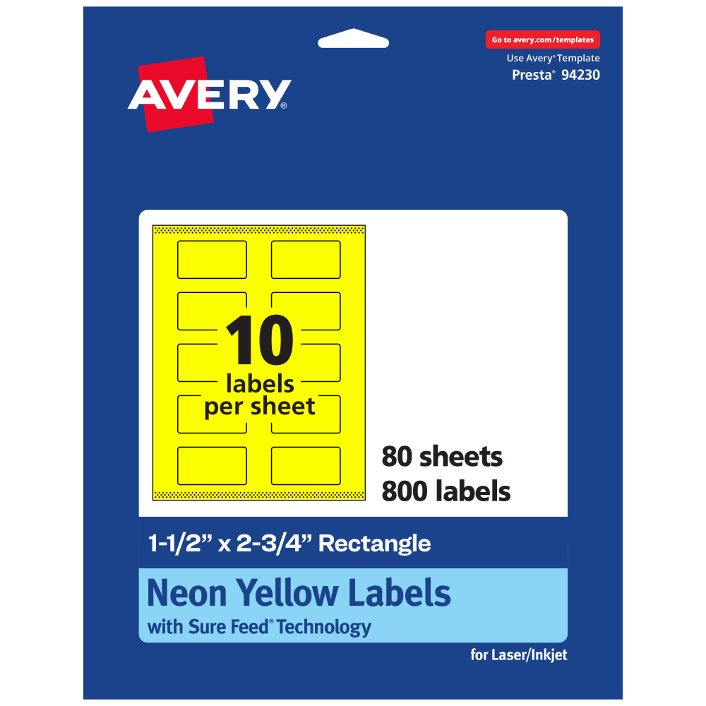 Avery Print-To-The-Edge Labels With Sure Feed Technology And Easy Peel, 94230-NYP80, Rectangle, 1-1/2in x 2-3/4in, Matte Neon Yellow, Pack of 800 MPN:94230-NYP80