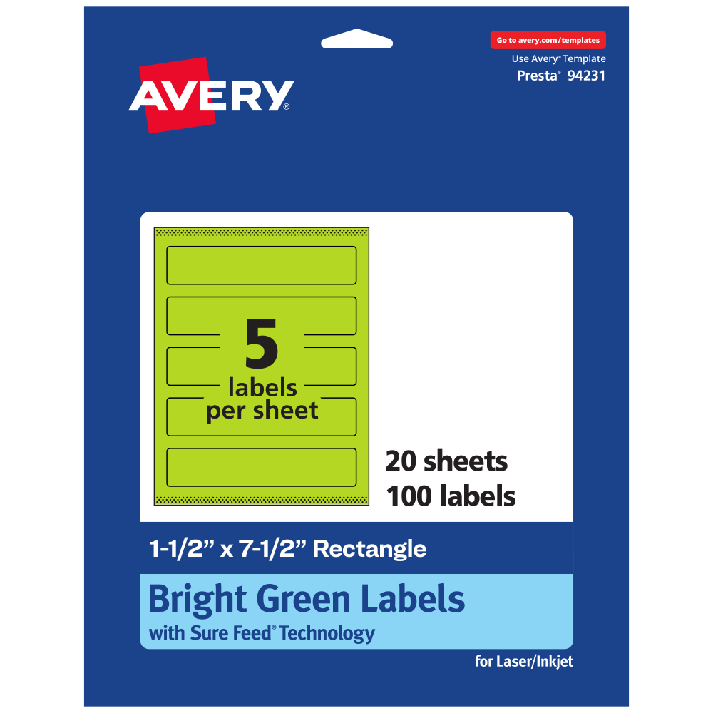 Avery Print-To-The-Edge Labels With Sure Feed Technology, 94231-BGP20, Rectangle, 1-1/2in x 7-1/2in, Matte Bright Green, Pack of 100 MPN:94231-BGP20