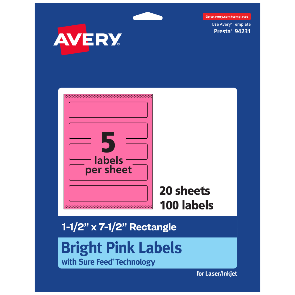 Avery Print-To-The-Edge Labels With Sure Feed Technology, 94231-BPP20, Rectangle, 1-1/2in x 7-1/2in, Matte Bright Pink, Pack of 100 MPN:94231-BPP20