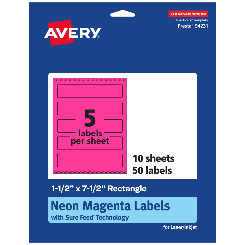 Avery Print-To-The-Edge Labels With Sure Feed Technology, 94231-NMP10, Rectangle, 1-1/2in x 7-1/2in, Matte Neon Magenta, Pack of 50 MPN:94231-NMP10