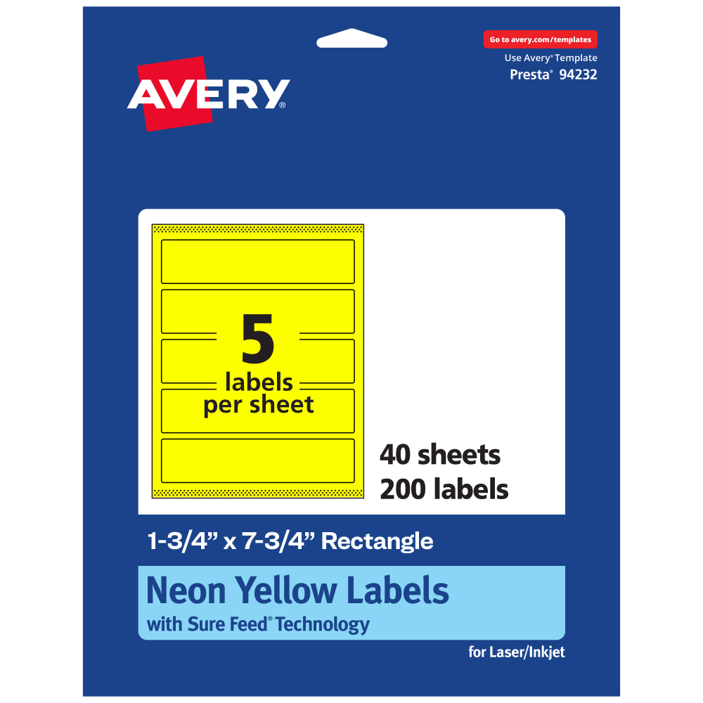 Avery Print-To-The-Edge Labels With Sure Feed Technology, 94232-NYP40, Rectangle, 1-3/4in x 7-3/4in, Matte Neon Yellow, Pack of 200 MPN:94232-NYP40