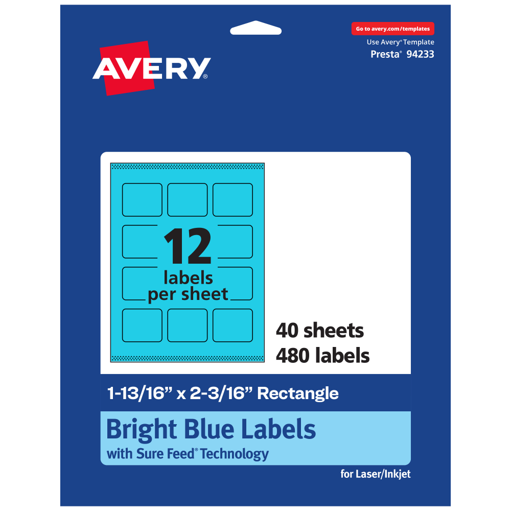 Avery Print-To-The-Edge Labels With Sure Feed Technology And Easy Peel, 94233-BBP40, Rectangle, 1-13/16in x 2-3/16in, Matte Bright Blue, Pack of 480 MPN:94233-BBP40