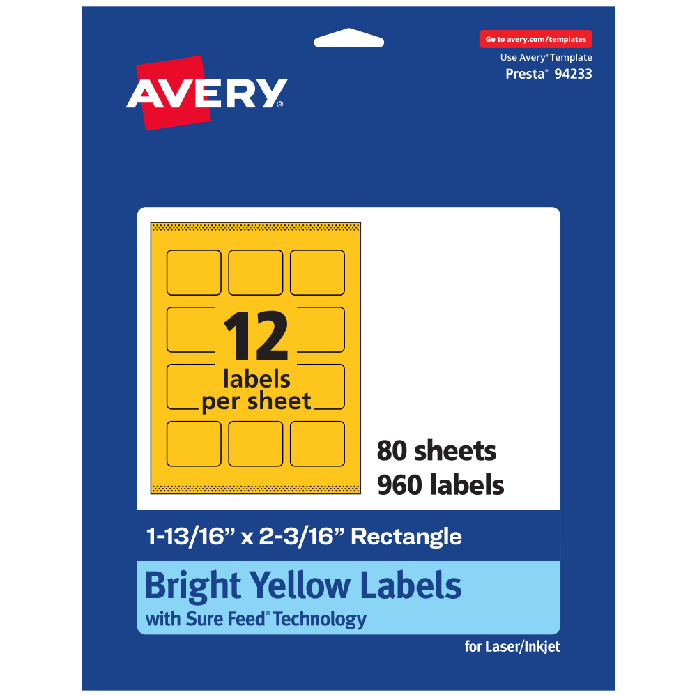 Avery Print-To-The-Edge Labels With Sure Feed Technology And Easy Peel, 94233-BYP80, Rectangle, 1-13/16inx2-3/16in, Matte Bright Yellow, Pack of 960 MPN:94233-BYP80