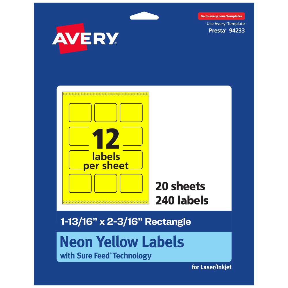 Avery Print-To-The-Edge Labels With Sure Feed Technology And Easy Peel, 94233-NYP20, Rectangle, 1-13/16in x 2-3/16in, Matte Neon Yellow, Pack of 240 MPN:94233-NYP20