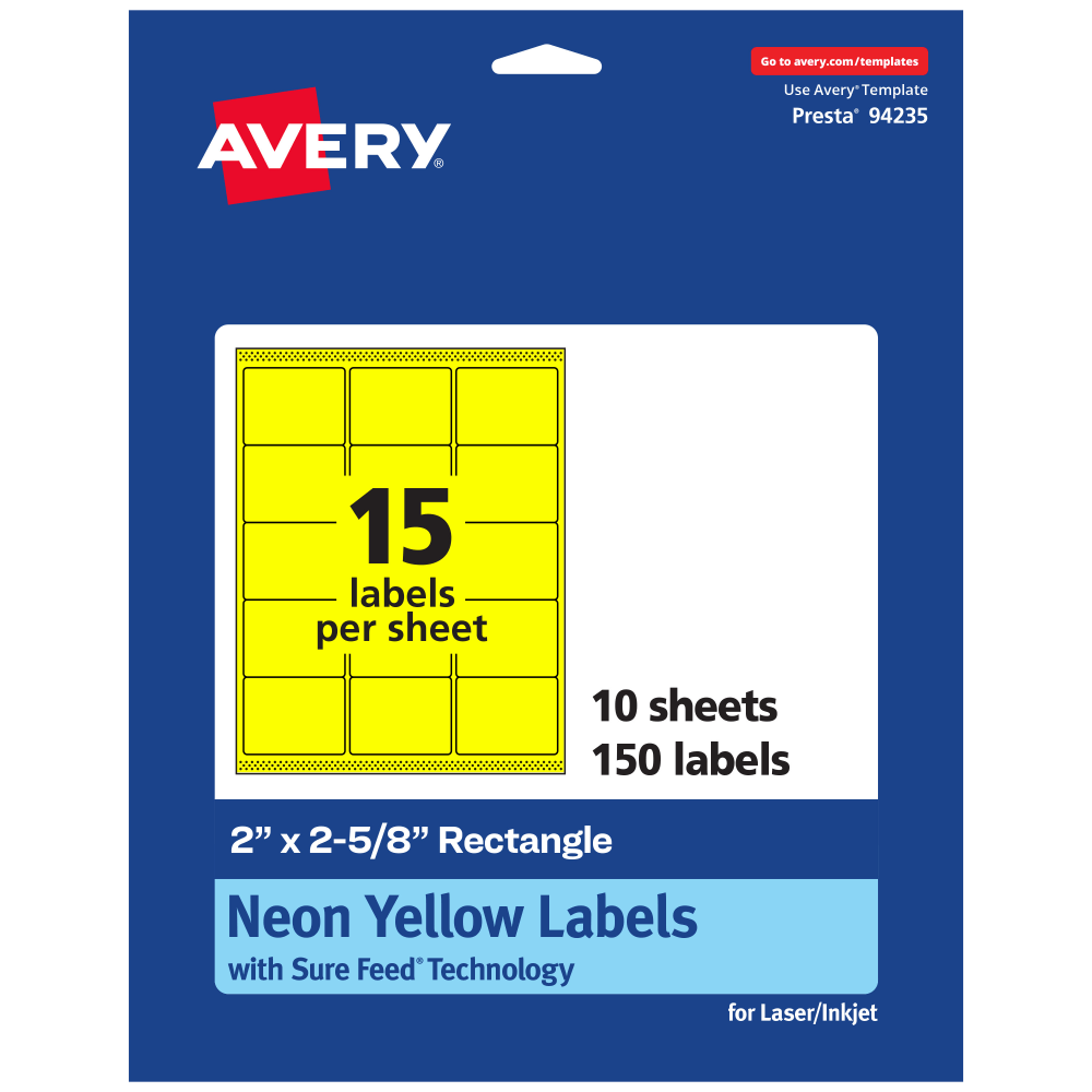 Avery Printable Labels With Sure Feed Technology, 94235-NYP10, Rectangle, 2in x 2-5/8in, Matte Neon Yellow, Pack of 150 MPN:94235-NYP10