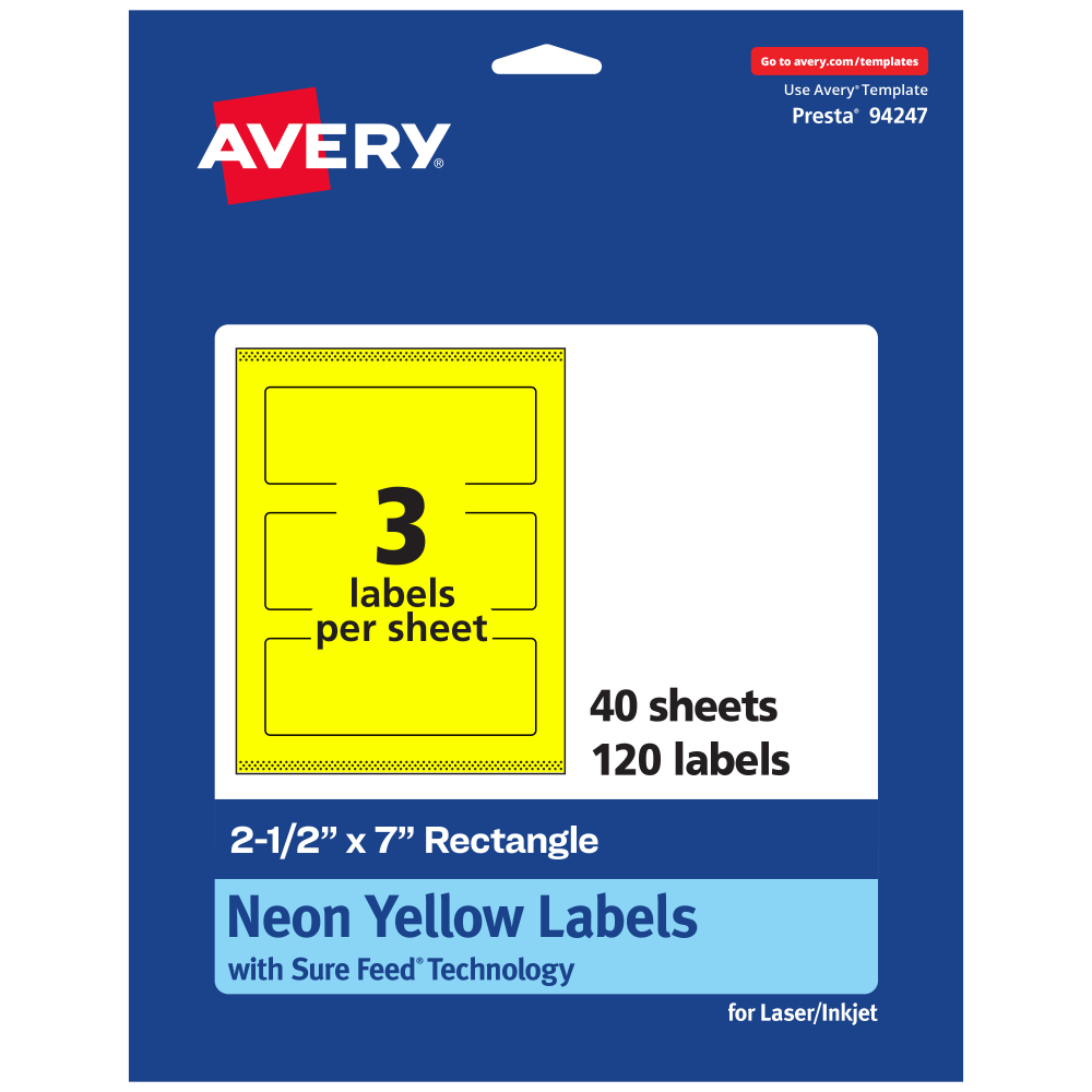 Avery Print-To-The-Edge Labels With Sure Feed Technology, 94247-NYP40, Rectangle, 2-1/2in x 7in, Matte Neon Yellow, Pack of 120 MPN:94247-NYP40