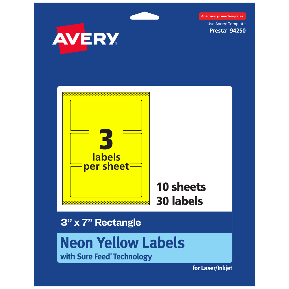 Avery Print-To-The-Edge Labels With Sure Feed Technology, 94250-NYP10, Rectangle, 3in x 7in, Matte Neon Yellow, Pack of 30 MPN:94250-NYP10