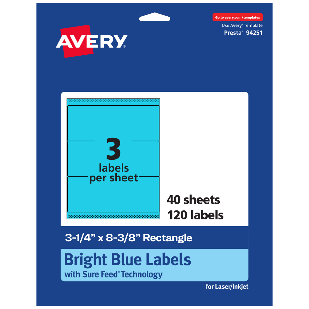 Avery Printable Labels With Sure Feed Technology, 94251-BBP40, Rectangle, 3-1/4in x 8-3/8in, Matte Bright Blue, Pack of 120 MPN:94251-BBP40