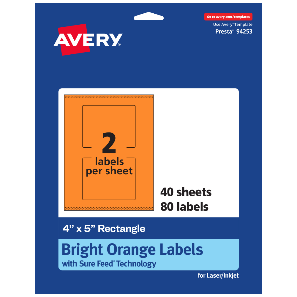 Avery Print-To-The-Edge Labels With Sure Feed Technology, 94253-BOP40, Rectangle, 4in x 5in, Matte Bright Orange, Pack of 80 MPN:94253-BOP40