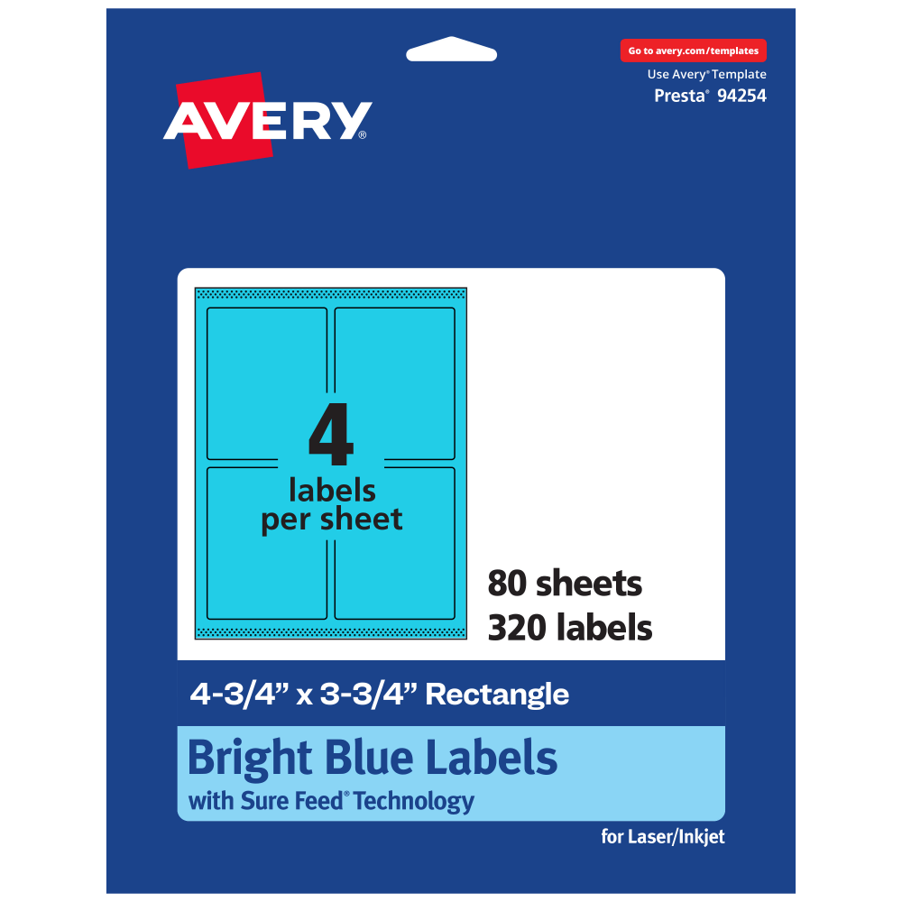 Avery Print-To-The-Edge Labels With Sure Feed Technology And Easy Peel, 94254-BBP80, Rectangle, 4-3/4in x 3-3/4in, Matte Bright Blue, Pack of 320 MPN:94254-BBP80