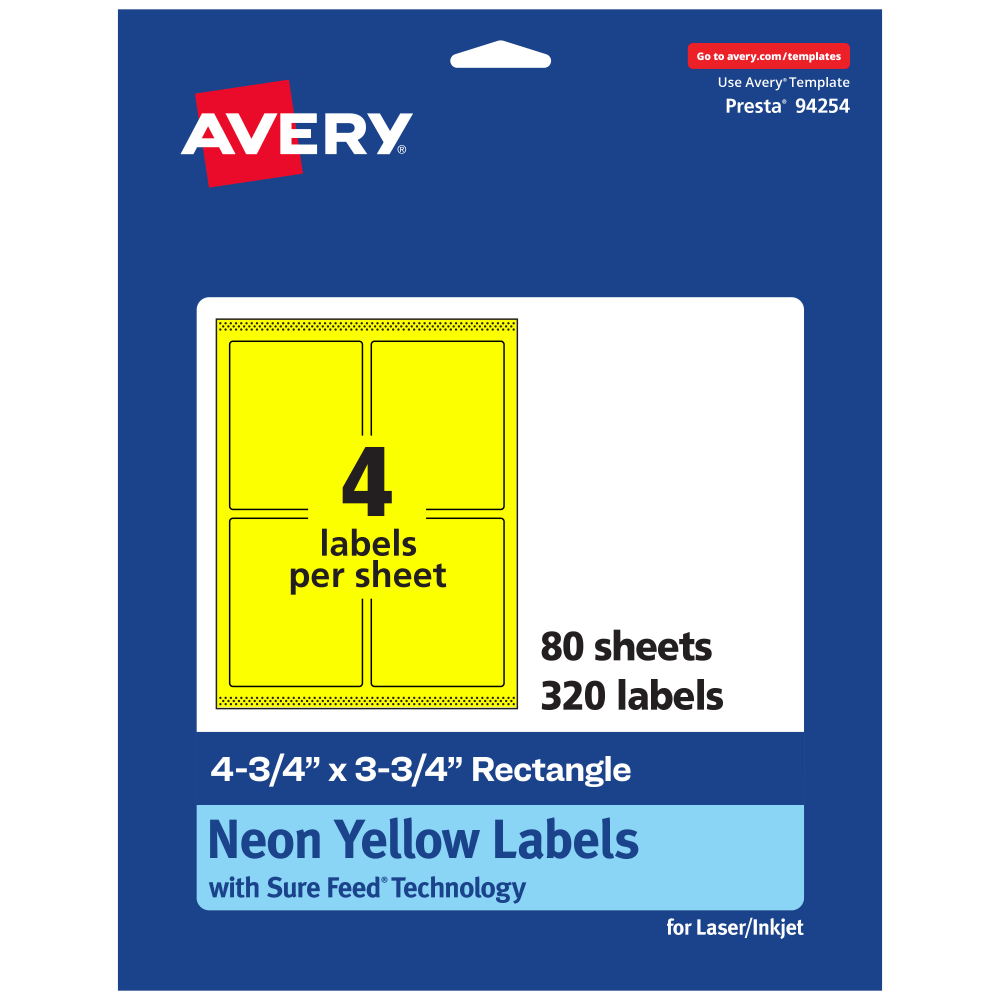 Avery Print-To-The-Edge Labels With Sure Feed Technology And Easy Peel, 94254-NYP80, Rectangle, 4-3/4in x 3-3/4in, Matte Neon Yellow, Pack of 320 MPN:94254-NYP80