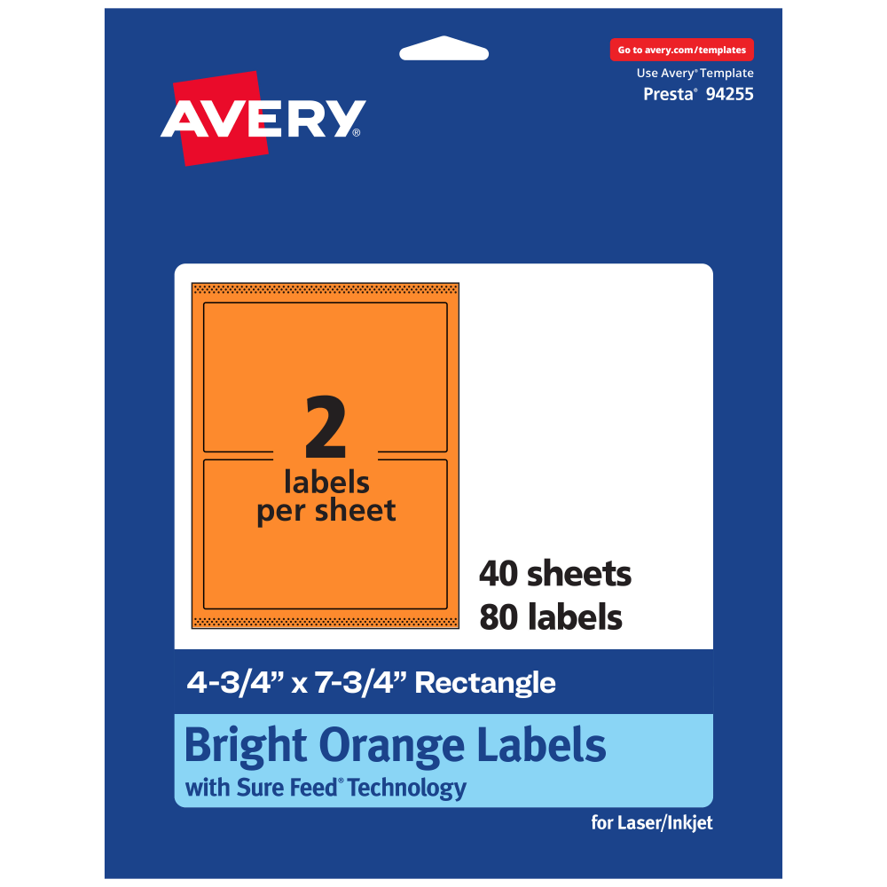 Avery Print-To-The-Edge Labels With Sure Feed Technology And Easy Peel, 94255-BOP40, Rectangle, 4-3/4in x 7-3/4in, Matte Bright Orange, Pack of 80 MPN:94255-BOP40