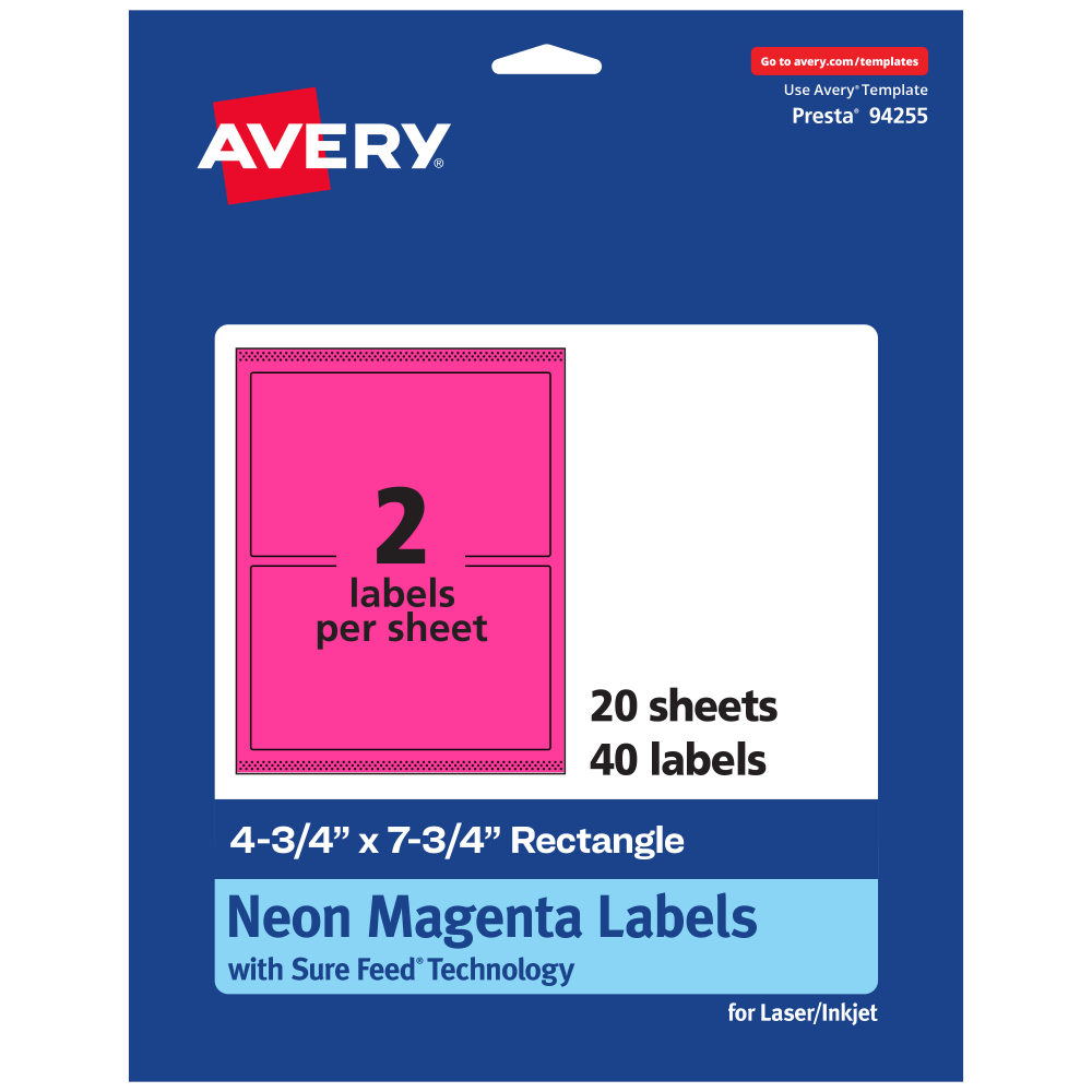 Avery Print-To-The-Edge Labels With Sure Feed Technology And Easy Peel, 94255-NMP20, Rectangle, 4-3/4in x 7-3/4in, Matte Neon Magenta, Pack of 40 MPN:94255-NMP20