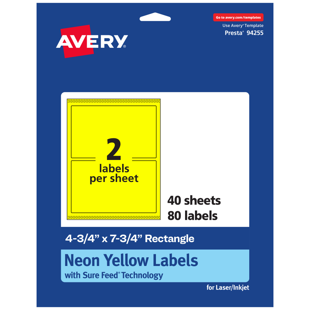 Avery Print-To-The-Edge Labels With Sure Feed Technology And Easy Peel, 94255-NYP40, Rectangle, 4-3/4in x 7-3/4in, Matte Neon Yellow, Pack of 80 MPN:94255-NYP40