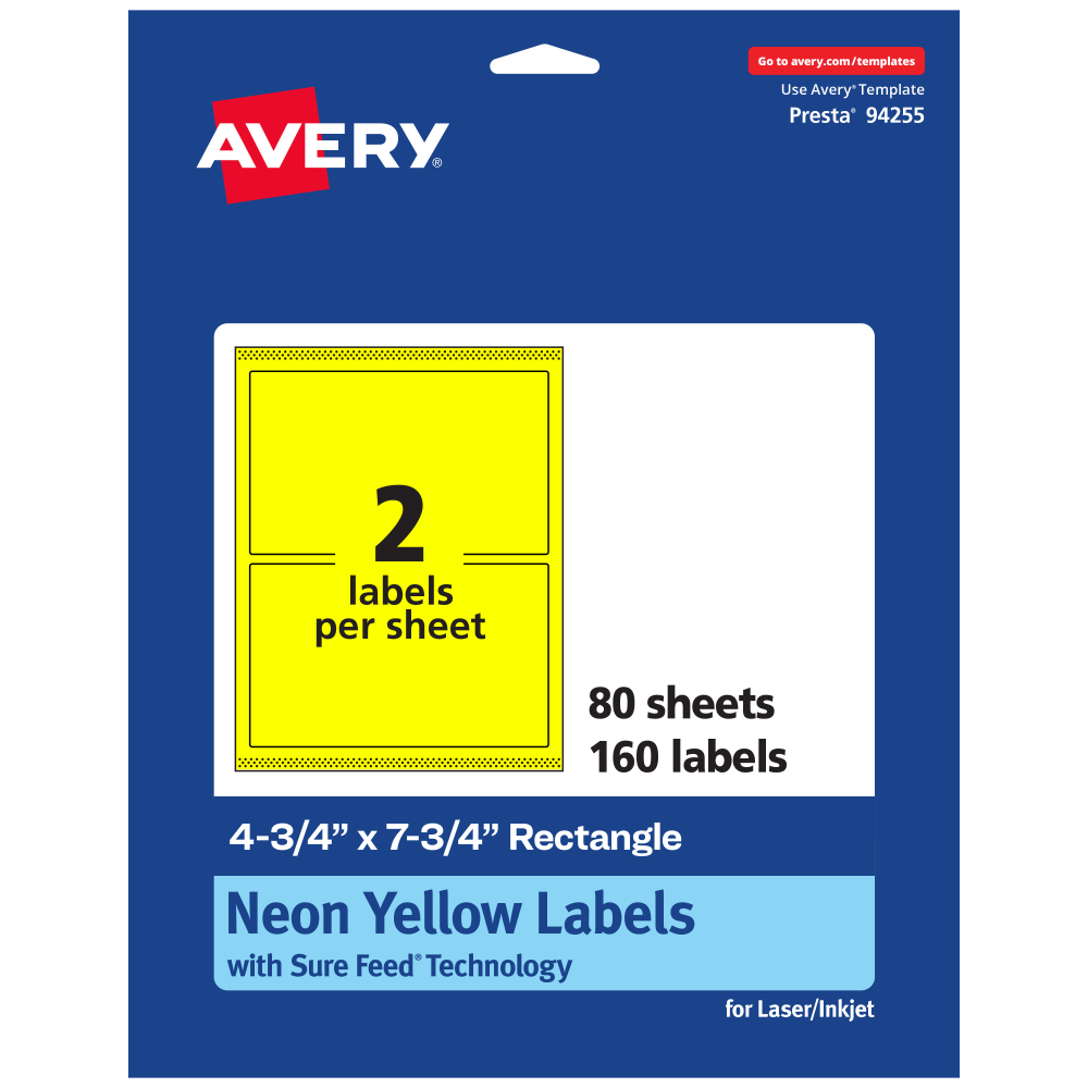 Avery Print-To-The-Edge Labels With Sure Feed Technology And Easy Peel, 94255-NYP80, Rectangle, 4-3/4in x 7-3/4in, Matte Neon Yellow, Pack of 160 MPN:94255-NYP80