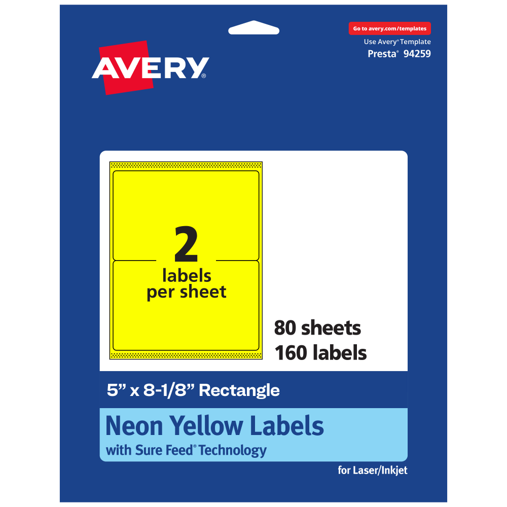 Avery Printable Labels With Sure Feed Technology, 94259-NYP80, Rectangle, 5in x 8-1/8in, Matte Neon Yellow, Pack of 160 MPN:94259-NYP80