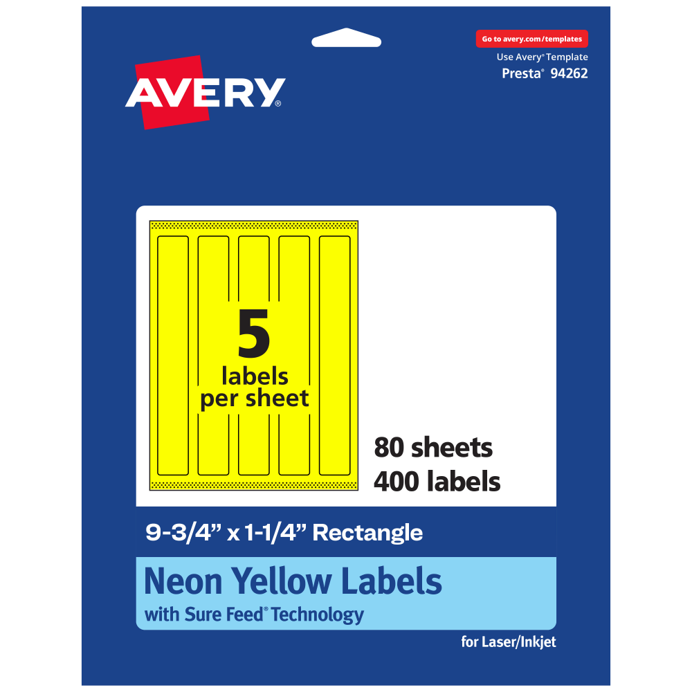 Avery Print-To-The-Edge Labels With Sure Feed Technology, 94262-NYP80, Rectangle, 9-3/4in x 1-1/4in, Matte Neon Yellow, Pack of 400 MPN:94262-NYP80