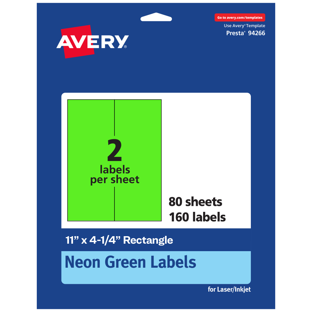 Avery Printable Labels, 94266-NGP80, Rectangle, 11in x 4-1/4in, Matte Neon Green, Pack of 160 MPN:94266-NGP80