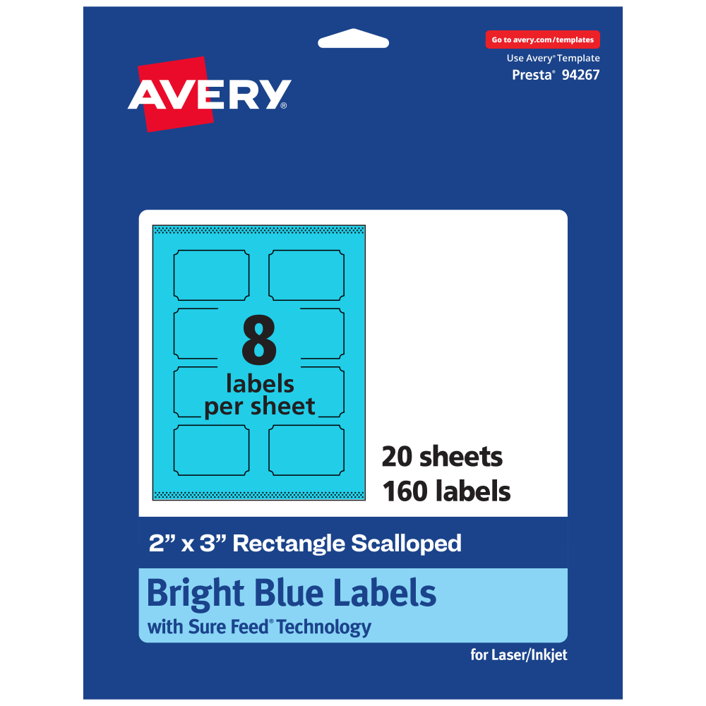 Avery Print-To-The-Edge Labels With Sure Feed Technology, 94267-BBP20, Rectangle Scalloped, 2in x 3in, Matte Bright Blue, Pack of 160 MPN:94267-BBP20