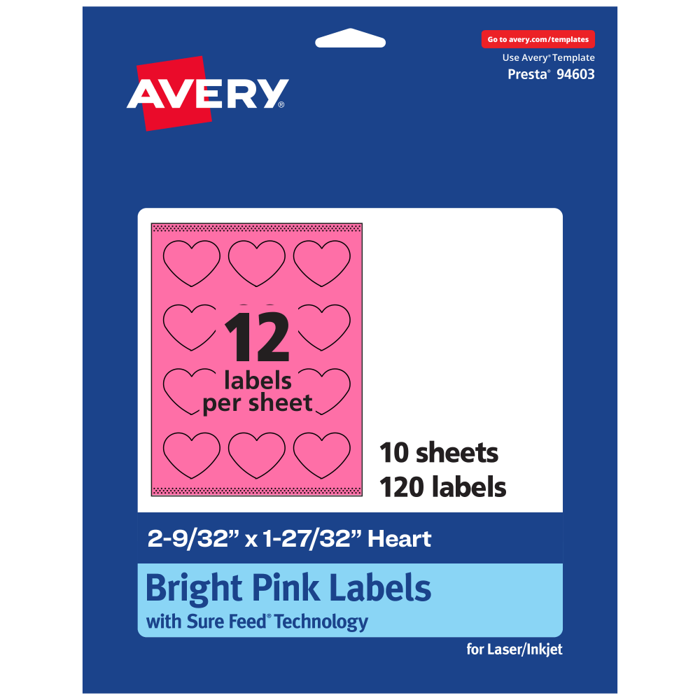 Avery Print-To-The-Edge Labels With Sure Feed Technology, 94603-BPP10, Heart, 2-9/32in x 1-27/32in, Matte Bright Pink, Pack of 120 MPN:94603-BPP10