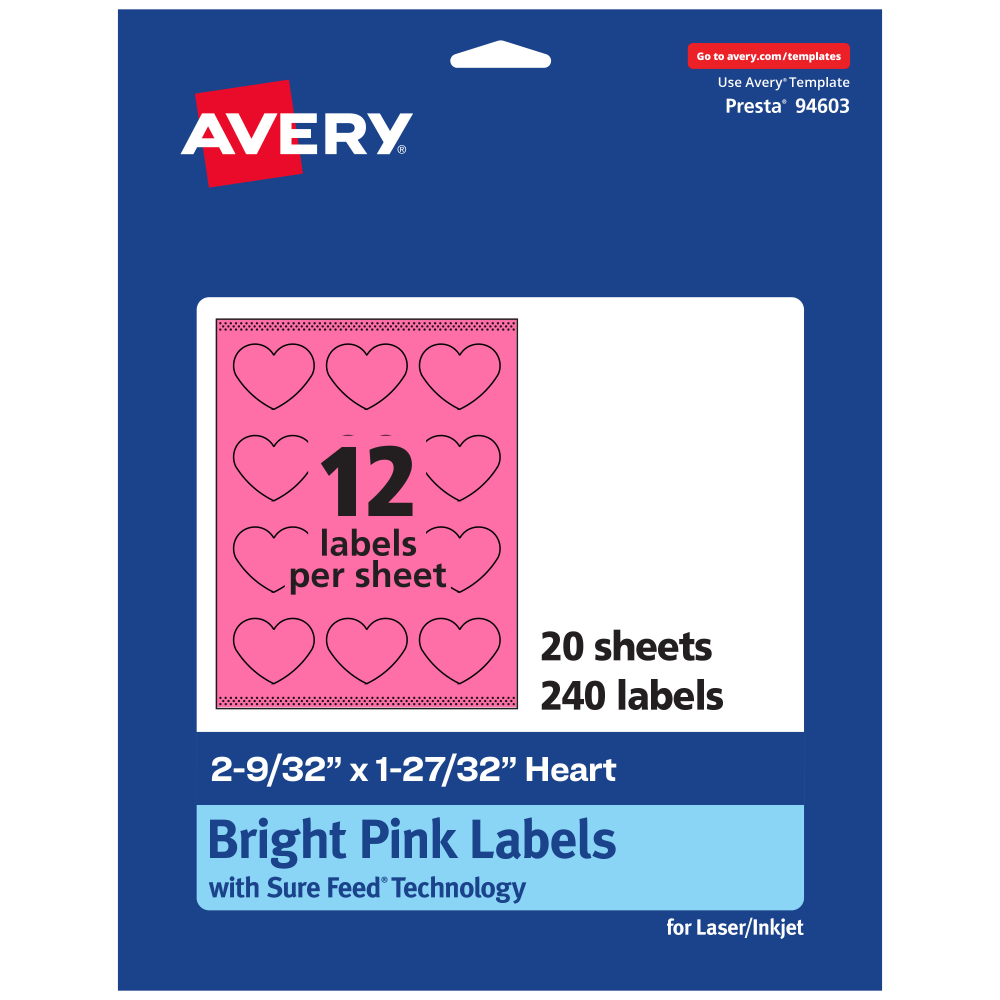 Avery Print-To-The-Edge Labels With Sure Feed Technology, 94603-BPP20, Heart, 2-9/32in x 1-27/32in, Matte Bright Pink, Pack of 240 MPN:94603-BPP20