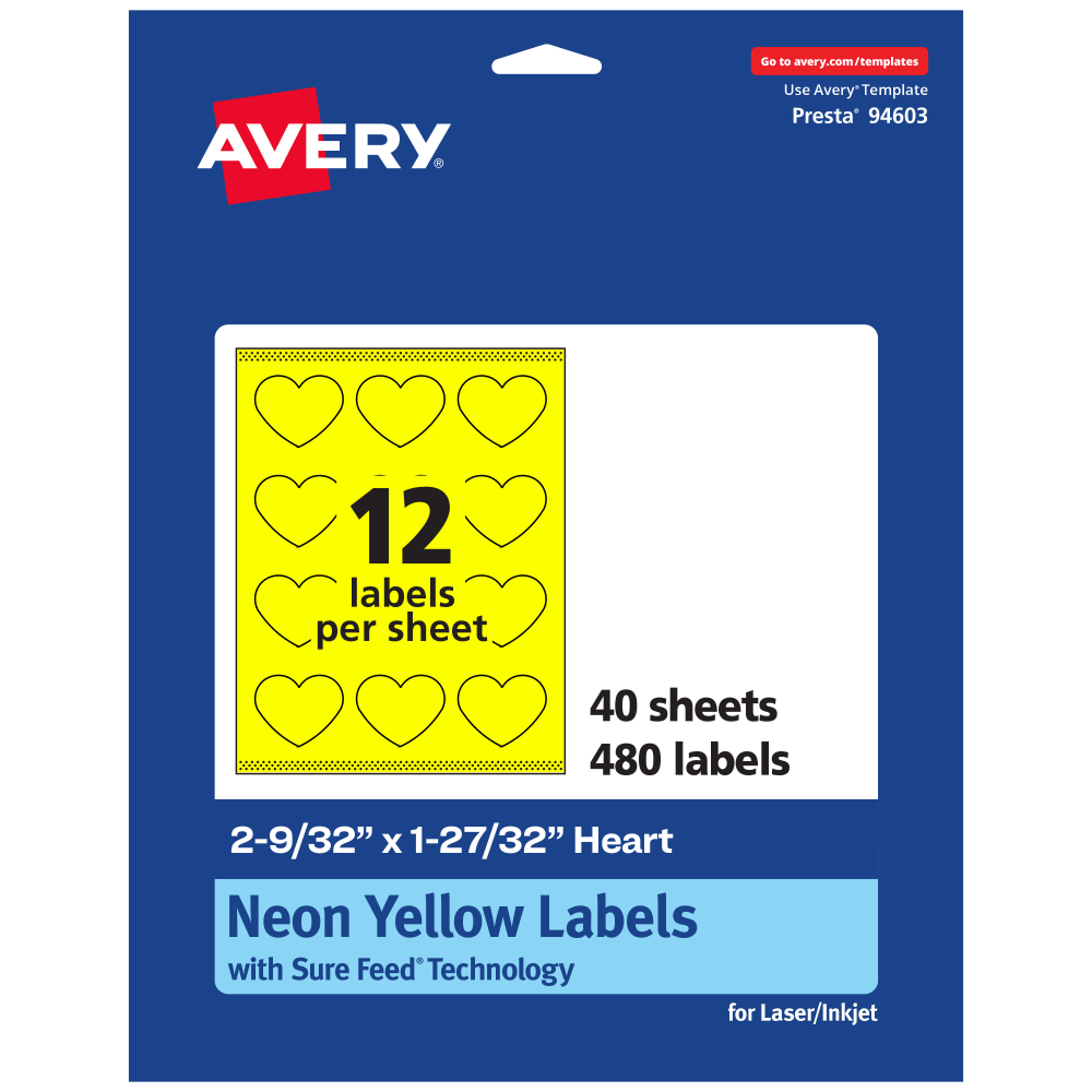 Avery Print-To-The-Edge Labels With Sure Feed Technology, 94603-NYP40, Heart, 2-9/32in x 1-27/32in, Matte Neon Yellow, Pack of 480 MPN:94603-NYP40