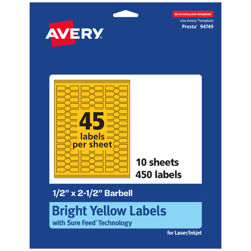 Avery Printable Labels With Sure Feed Technology, 94749-BYP10, Barbell, 1/2in x 2-1/2in, Matte Bright Yellow, Pack of 450 MPN:94749-BYP10