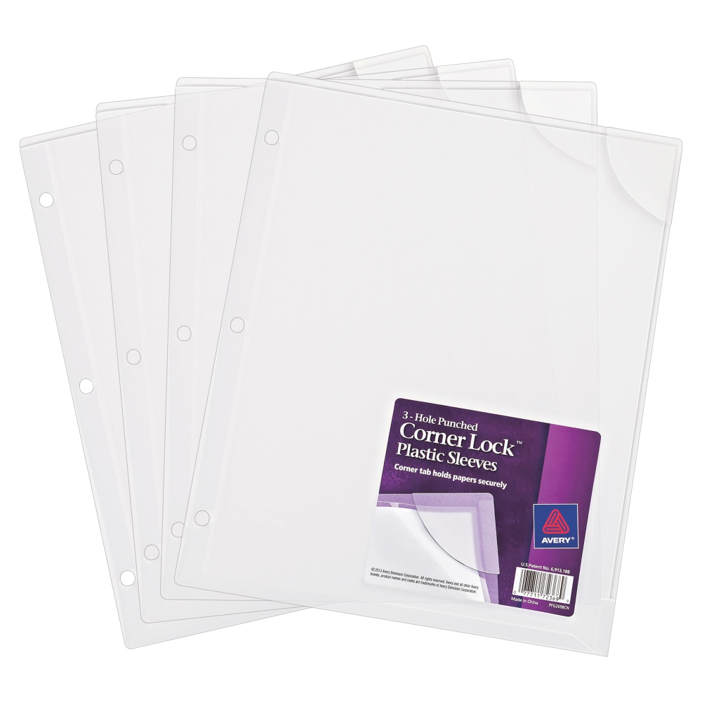 Avery Corner Lock 3-Hole Punched Plastic Sleeves, Clear, Pack Of 4 MPN:72269