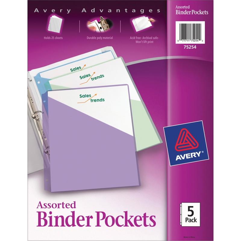 Avery Binder Pockets For 3 Ring Binders, Assorted (Blue, Clear, Green, Pink, Yellow), Pack Of 5 Binder Pockets MPN:75254
