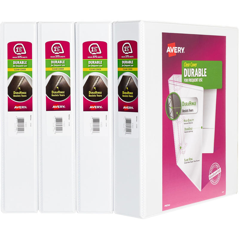 Avery Durable View Binders, Letter-Size, 1-1/2in Slant Rings, 41% Recycled, White, Pack Of 4 Binders MPN:17576