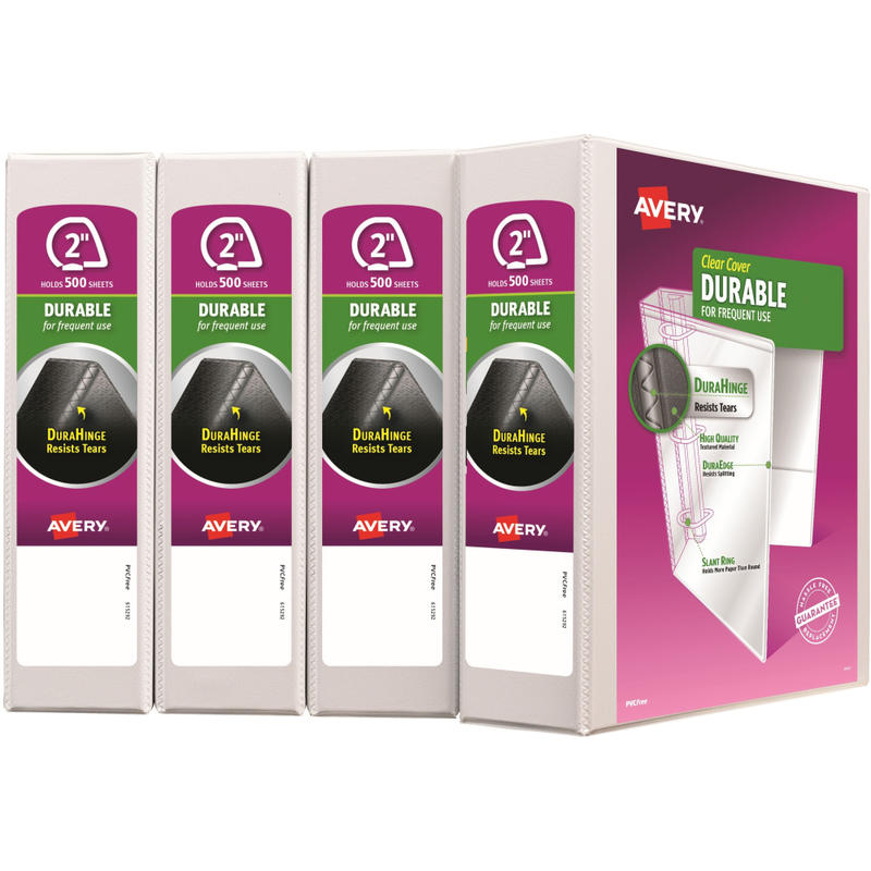 Avery Durable Slant D-Ring View Binders, 8-1/2in x 11in, 2in Slant Rings, White, Pack Of 4 Binders MPN:17577