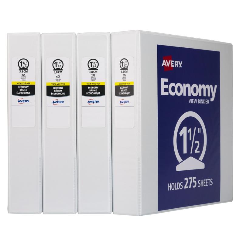 Avery Economy View 3 Ring Binders, 1-1/2in Round Rings, White, Pack Of 4 MPN:19201