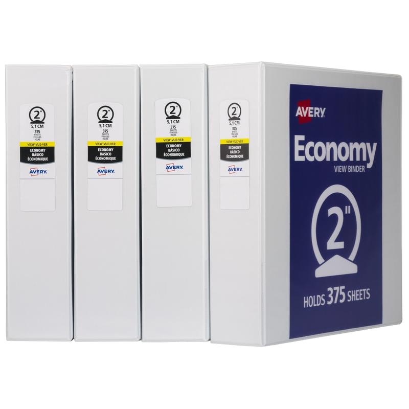 Avery Economy View 3 Ring Binders, 2in Round Rings, White, Pack Of 4 MPN:19202