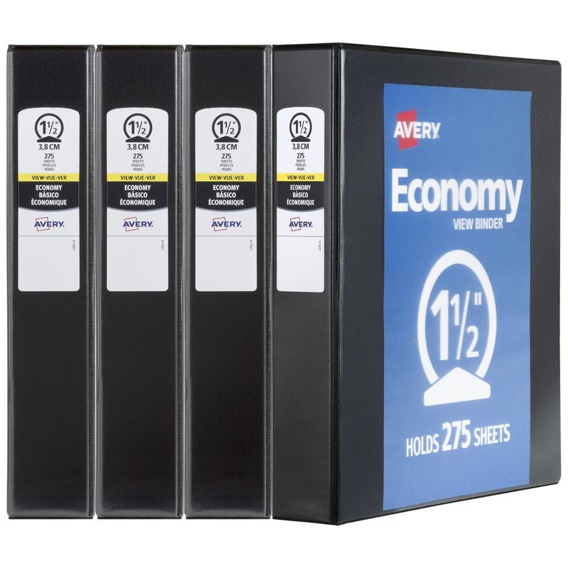 Avery Economy View 3 Ring Binders, 1-1/2in Round Rings, Black, Pack Of 4 MPN:19204