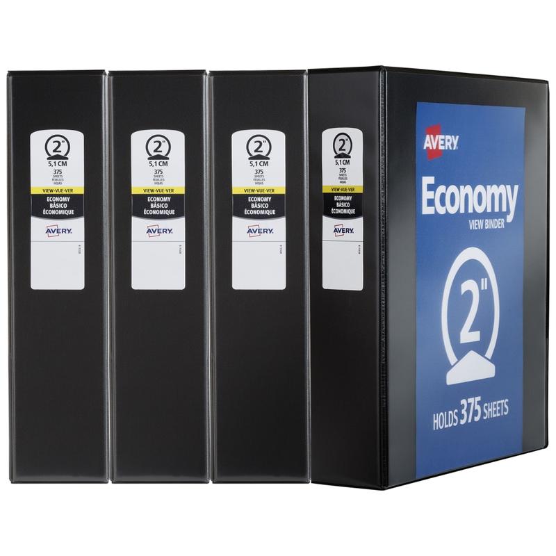 Avery Economy View 3 Ring Binders, 2in Round Rings, Black, Pack Of 4 MPN:19205
