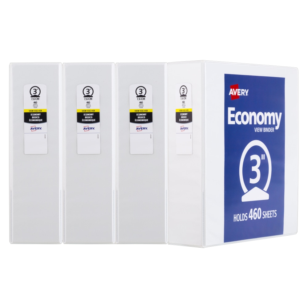 Avery Economy View 3 Ring Binders, 3in Round Rings, White, Pack Of 4 MPN:03360